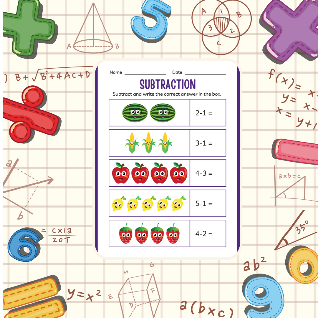 Subtraction Math Worksheet for kindergarten